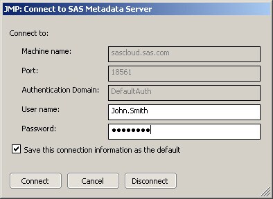 Connect to SAS Metadata Server window