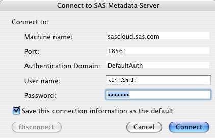 Connect to SAS Metadata Server window