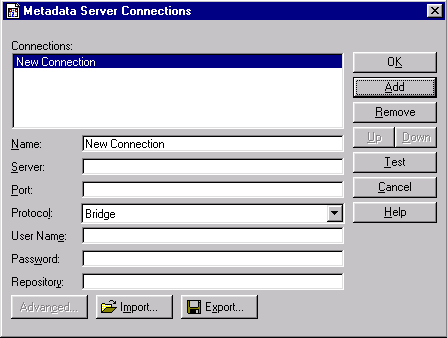 Metadata Server Connections Window
