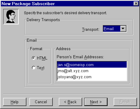 Package Subscriber wizard - E-mail delivery transport