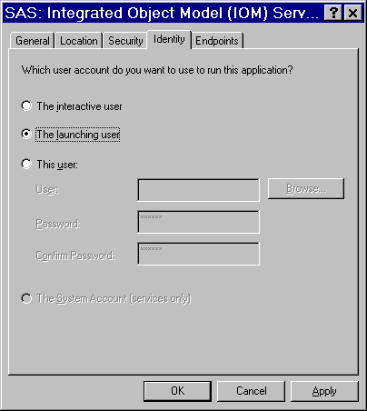 DCOMCNFG Identity Dialog