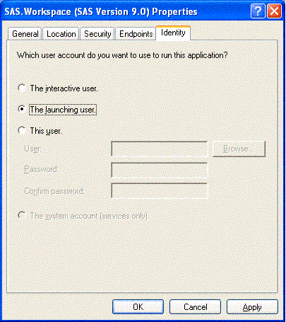 DCOMCNFG Identity Dialog