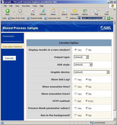 Stored process execution options page