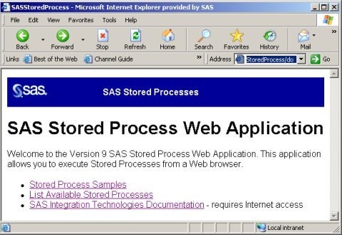 SAS Stored Process Web Application welcome page
