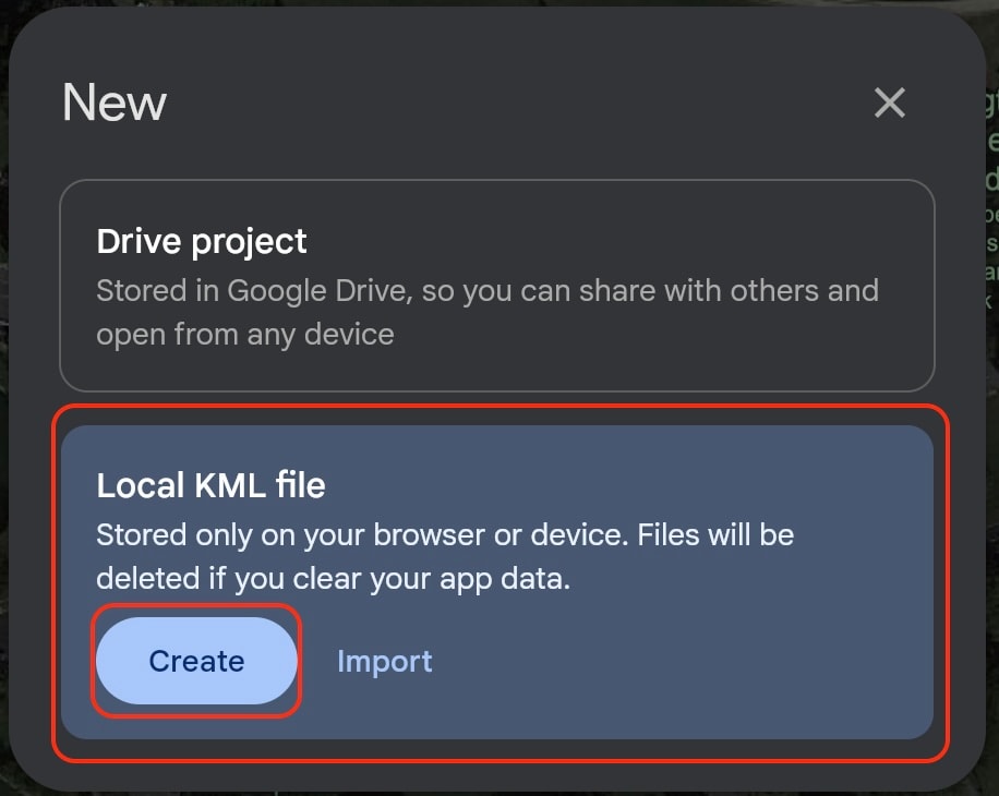 Screenshot: Local KML file option