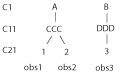 a view with C1 and C11 in the BY key and three observations