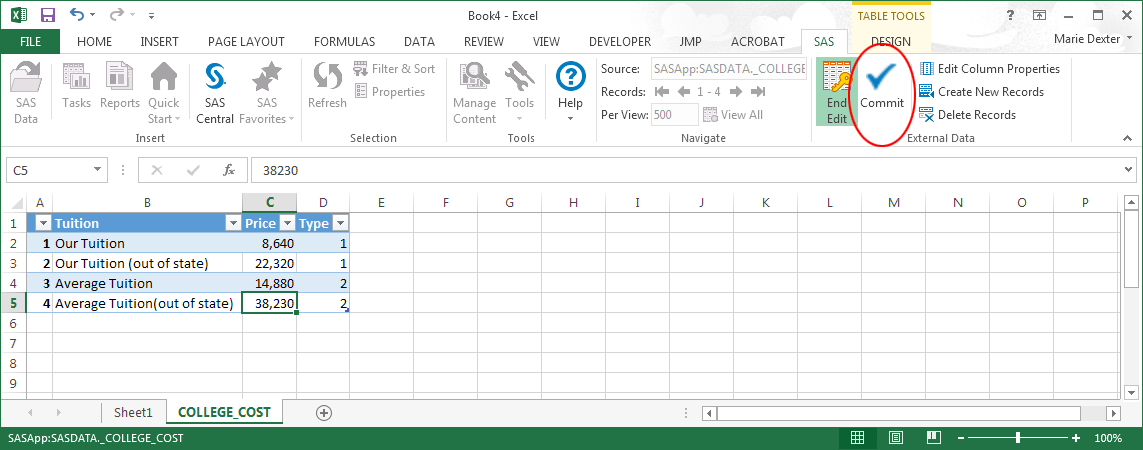 Location of the Commit button on the SAS tab in Microsoft Excel