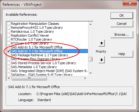 The SAS add-in Check Box in the References Dialog Box