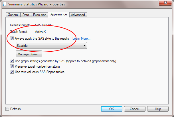 Applying a Style in the Summary Statistics Wizard Properties Dialog Box