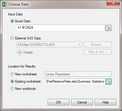 Choose Data Dialog Box for the Linear Regression Task