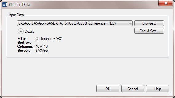 Choose Data Dialog Box with the Data Source for the Eastern Conference Teams