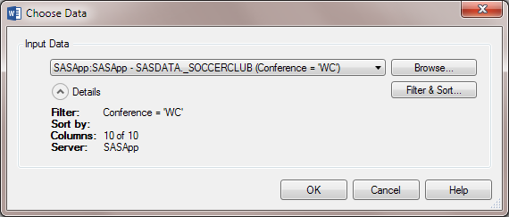 Choose Data Dialog Box with Data Source for Teams in the Western Conference