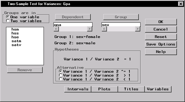 Two-Sample Test for Variances Dialog