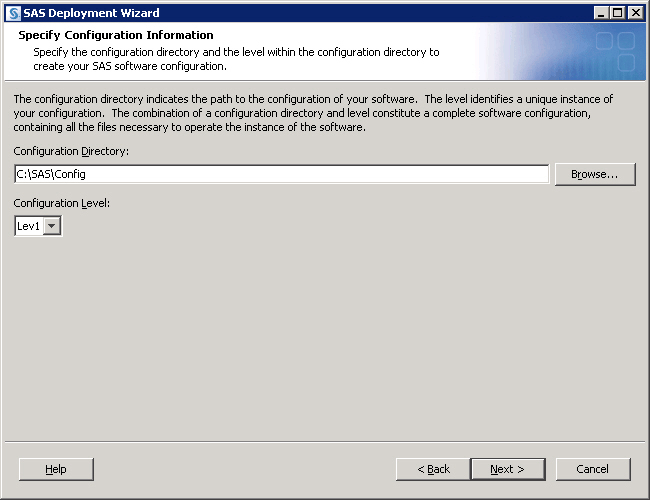 [SAS Deployment Wizard Specify Configuration Information dialog box]