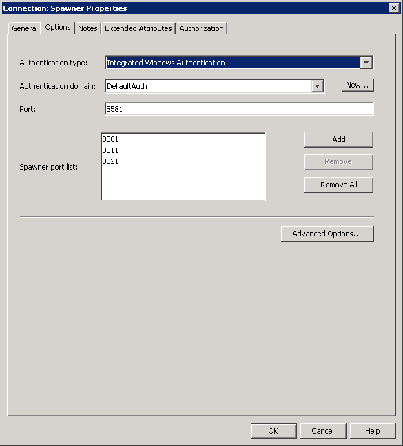 [Connection Spawner Properties dialog box]