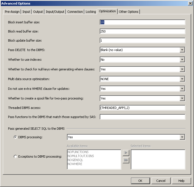 [The Optimization Tab in the Advanced Options Dialog Box for a DB2 Library for UNIX and PC]