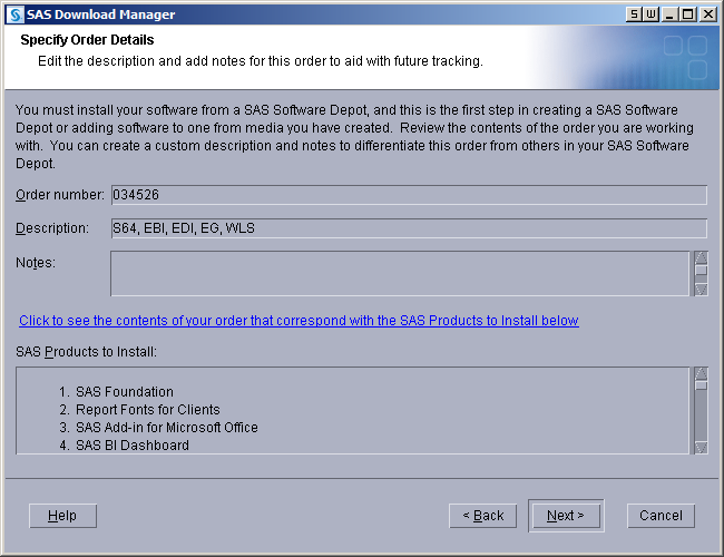 SAS Download Manager specify details page