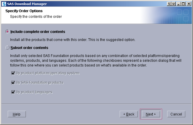 Specify Order Options page