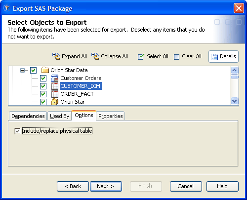 [Export Wizard with Options tab displayed]