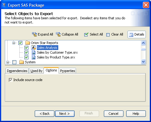 [Export Wizard screen with Options tab displayed]