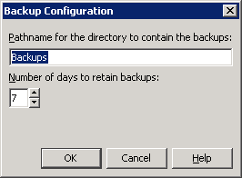 Backup Configuration dialog box with default settings