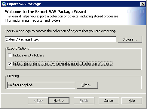 Export SAS Package wizard: Page 1