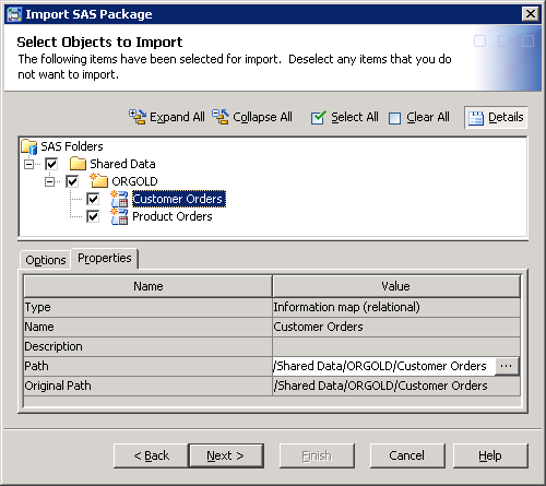Import SAS Package Wizard: Properties tab on the Select Objects to Import page