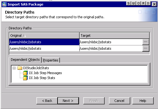 Directory Paths prompt in Import SAS Package wizard
