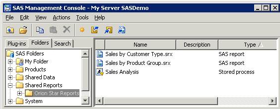 SAS Management Console with report and stored process objects displayed