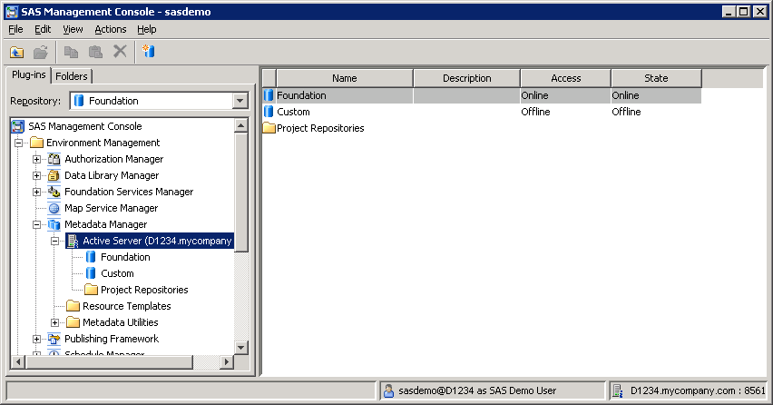 Table view in SAS Management Console showing repository access mode and current access state