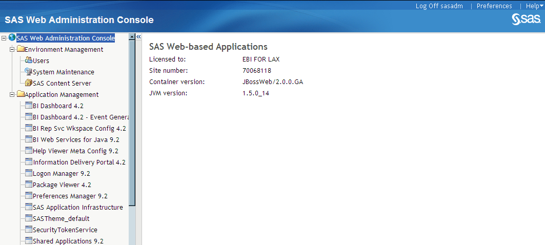 [Main Page in SAS Web Administration Console]