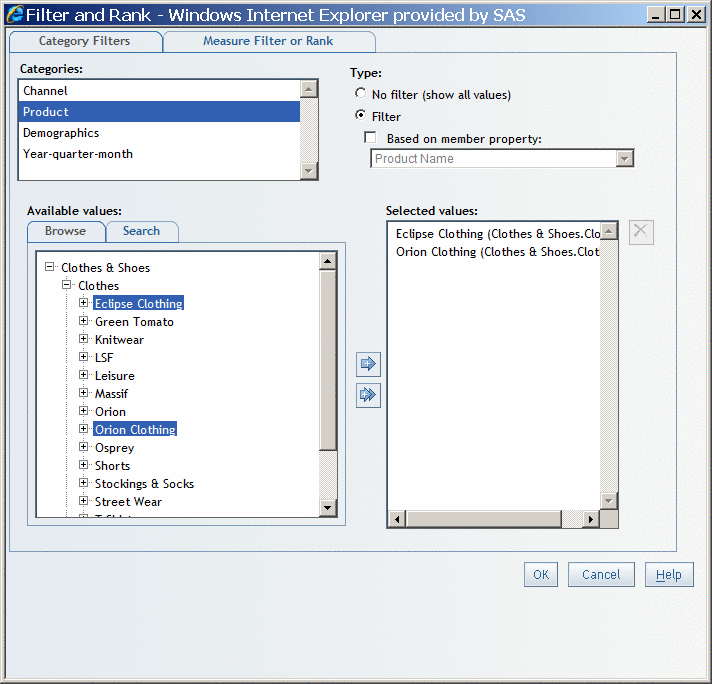 The Filter and Rank Dialog Box with Values Moved From the Browse Tab to the List of Selected Multidimensional Values