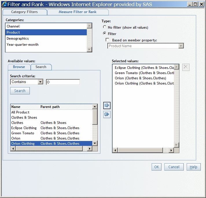 Moving Multidimensional Search Values to the Selected Values List in the Filter and Rank Dialog Box