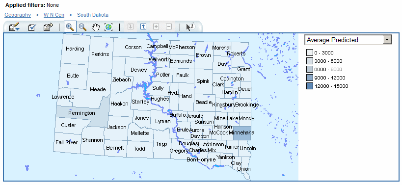 In the US Regions Hierarchy Level, the West N. Central Member Has Been Drilled to Display Values for the County Hierarchy Level