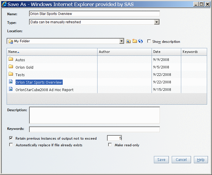Save As Dialog Box for Archiving a Report