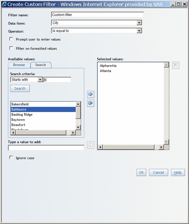 Moving Search Values to the Selected Values List in the Create Custom Filter Dialog Box