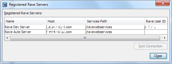 Registered Rave Servers dialog box