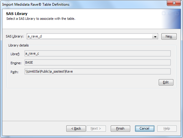 Import Medidata Rave Table Definitions wizard — SAS Library page
