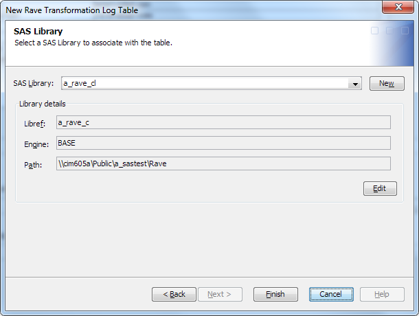 New Rave Transformation Log Table wizard — SAS Library page