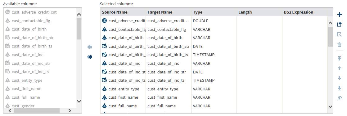Column lists in the Manage Columns page