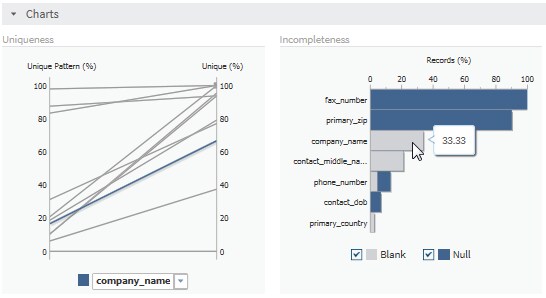 Screen capture of uniqueness and incompleteness graphics in Charts section of profile report