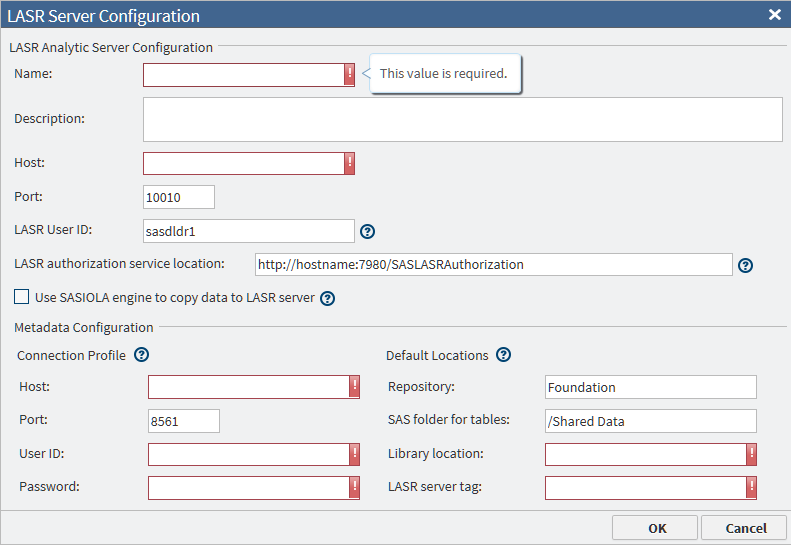 SAS LASR Analytic Server Configuration Window