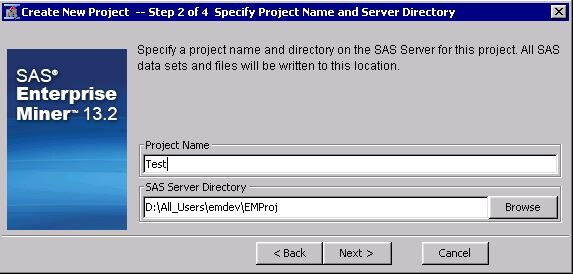 Specify the Project Name and Server Directory window
