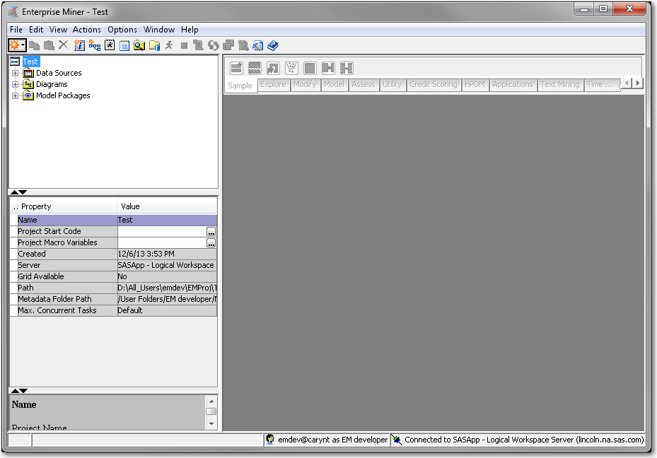 SAS Enterprise Miner Project Panel and Properties Panel