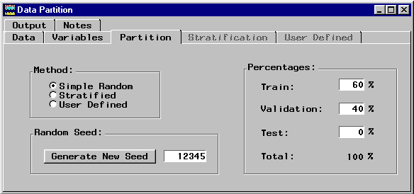 [Partition tab of the Data Partition configuration window showing Simple Random method and data allocated 60% Train and 40% Validation.]