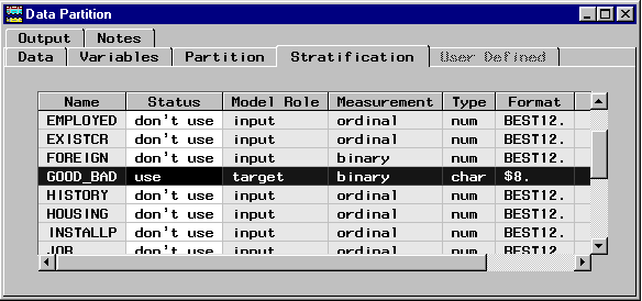 [Stratification tab of the Data Partition configuration window showing the Status of target GOOD_BAD set to USE.]
