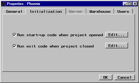 [Initialization Tab of Project Properties Window showing start-up and exit code options for example project Phoenix]