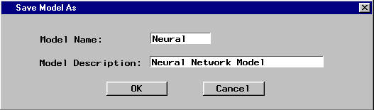 [Save Model As window with Model Name Neural and Model Description as Neural Network Model]
