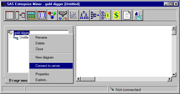 [Enterprise Miner window showing right-click menu from Project Navigator with Connect to Server choice highlighted.]
