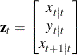 $\displaystyle  \Strong{z}_{t} = \left[\begin{matrix} x_{t|t}   \\ y_{t|t}   \\ x_{t+1|t}   \end{matrix}\right] \nonumber  $
